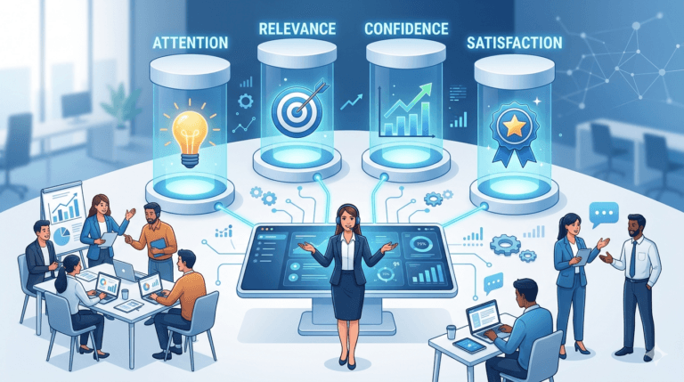 ARCS Model of Motivation showing Attention Relevance Confidence and Satisfaction in corporate training.