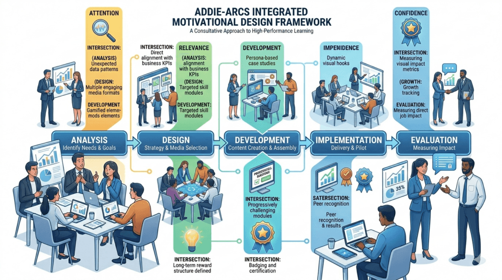 ARCS model integrated into the ADDIE instructional design process.