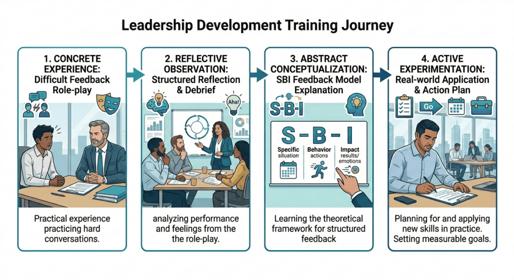 Example of Kolb's Learning Cycle applied to leadership development training using the SBI feedback model.