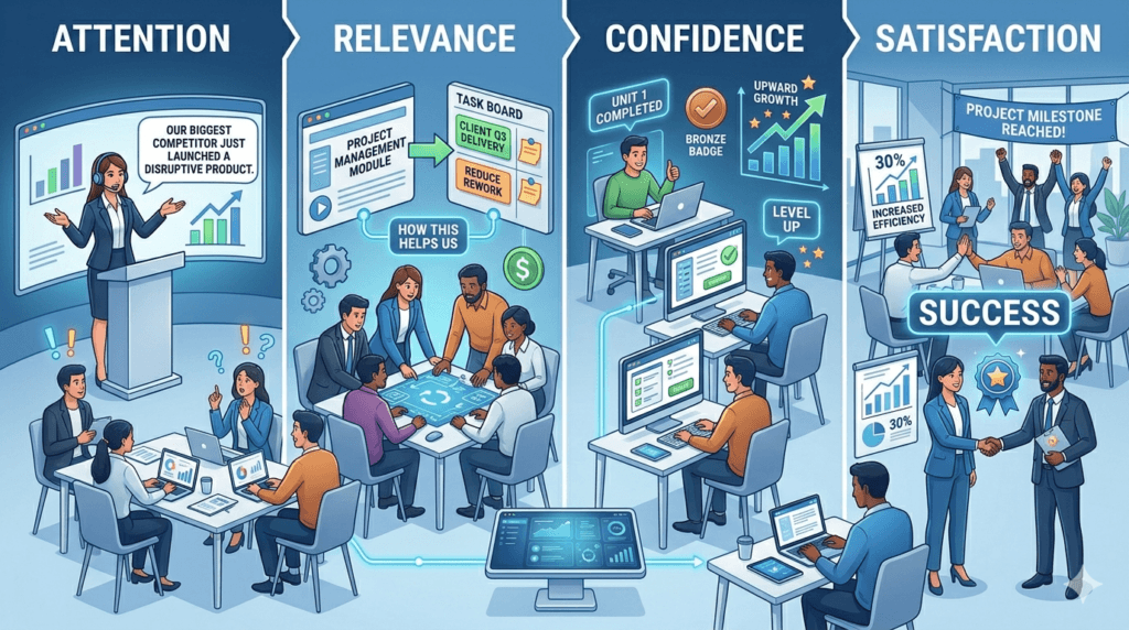 Four components of the ARCS model explained through corporate training examples.