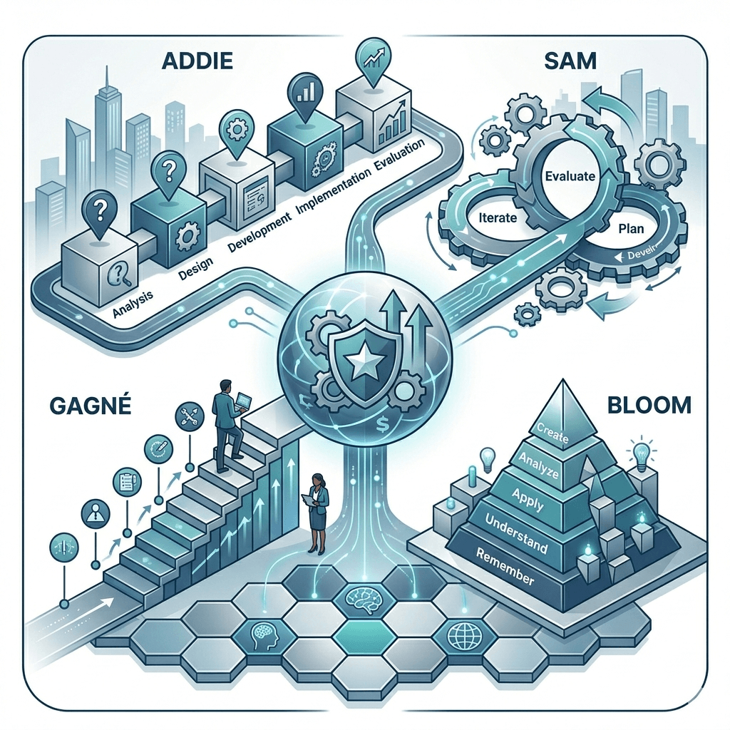 A diagram showing Merrill's Principles of Instruction vs Other Instructional Design Models, Merrill's Principles of Instruction vs ADDIE, Merrill's Principles of Instruction vs SAM, Merrill's Principles of Instruction vs Gagne's 9 events of instructions, Merrill's Principles of Instruction vs bloom's taxonomy