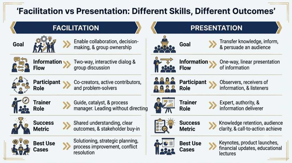 Comparison of facilitation skills and presentation skills for corporate trainers