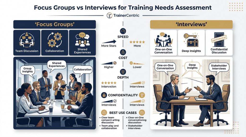 focus groups vs interviews training needs assessment, TNA interview vs focus group, qualitative methods comparison