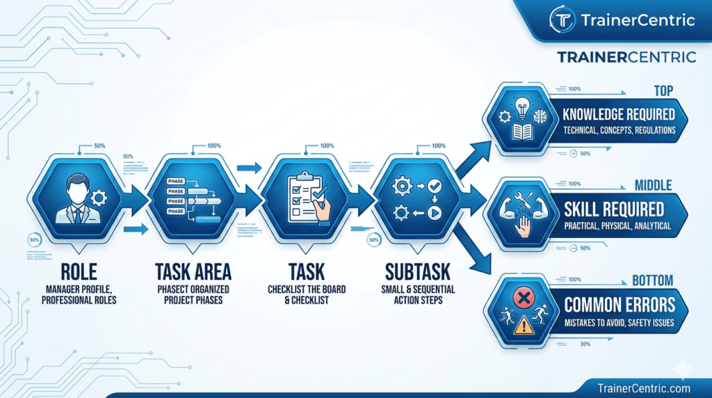 Hierarchy diagram showing role task area task subtask knowledge skill and common errors