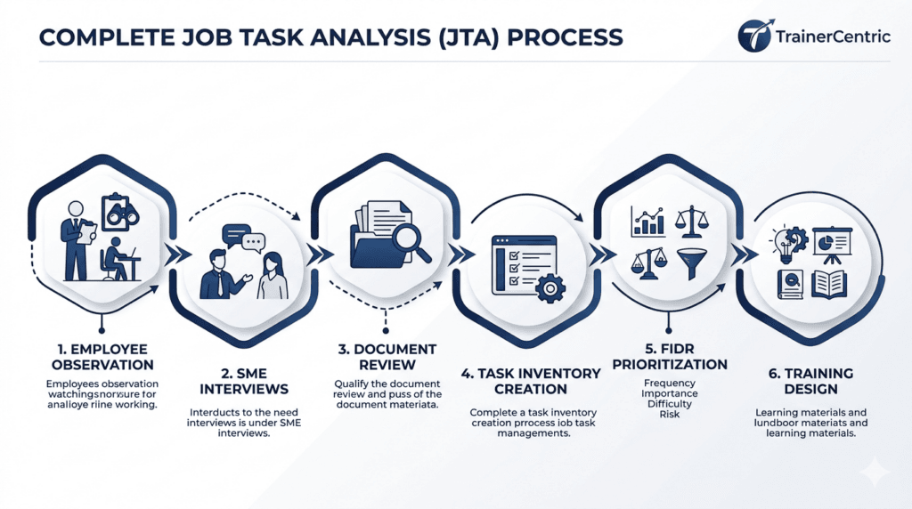 Job Task Analysis process showing observation, interviews, task inventory, FIDR prioritization and training design