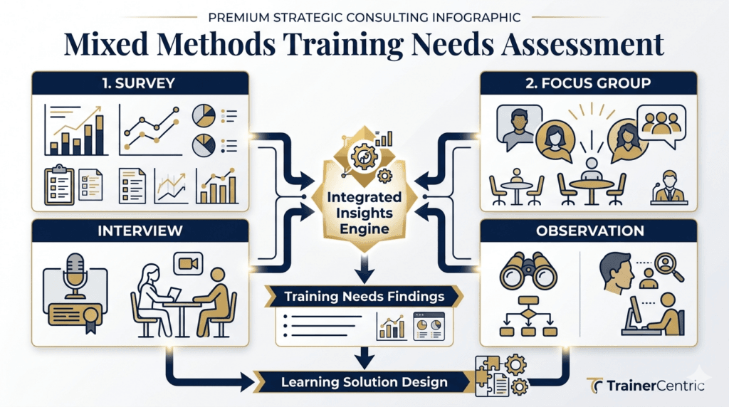 mixed methods TNA, training needs assessment methods, qualitative and quantitative TNA, training needs analysis methods
