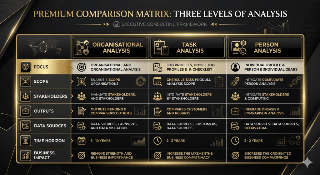 organizational analysis task analysis and person analysis comparison