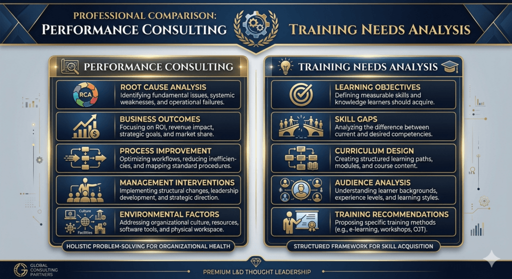 Comparison between performance consulting and training needs analysis in learning and development