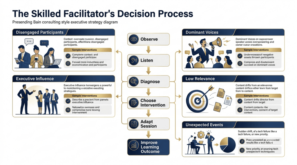 Framework showing how facilitators diagnose and respond to training room situations