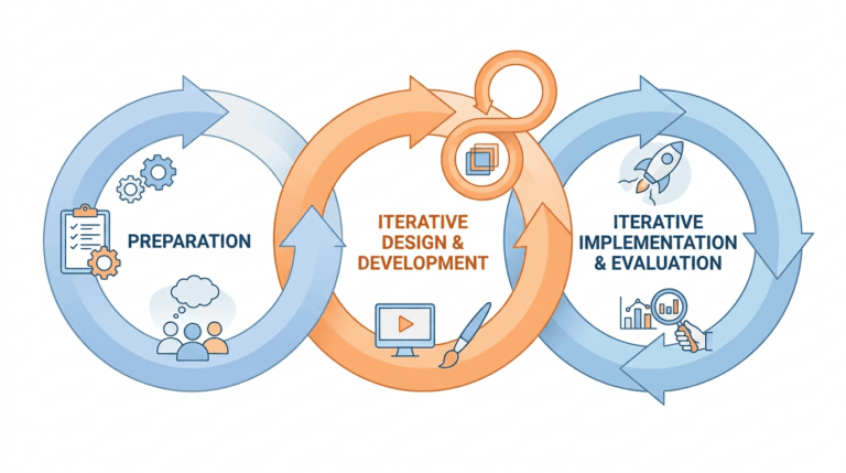 SAM model three-phase iterative loop diagram – Preparation, Iterative Design, Iterative Implementation