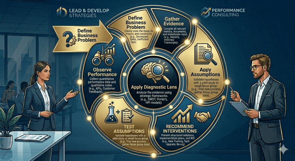 Six-step performance consulting process for diagnosing workplace performance gaps