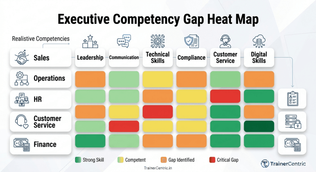 Example skills gap heat map showing training priorities across departments