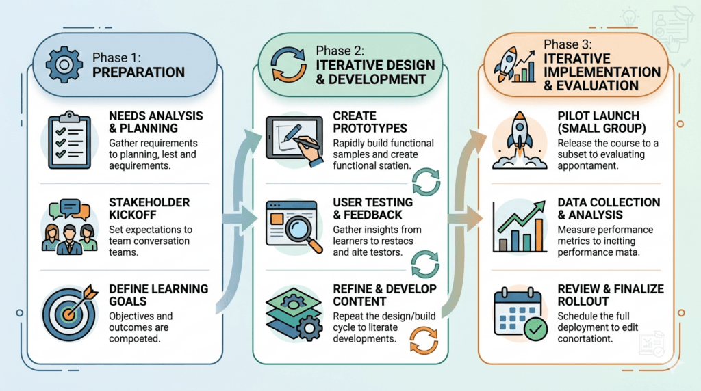 Three phases of the Successive Approximation Model Preparation, Iterative Design & Development, Iterative Implementation & Evaluation