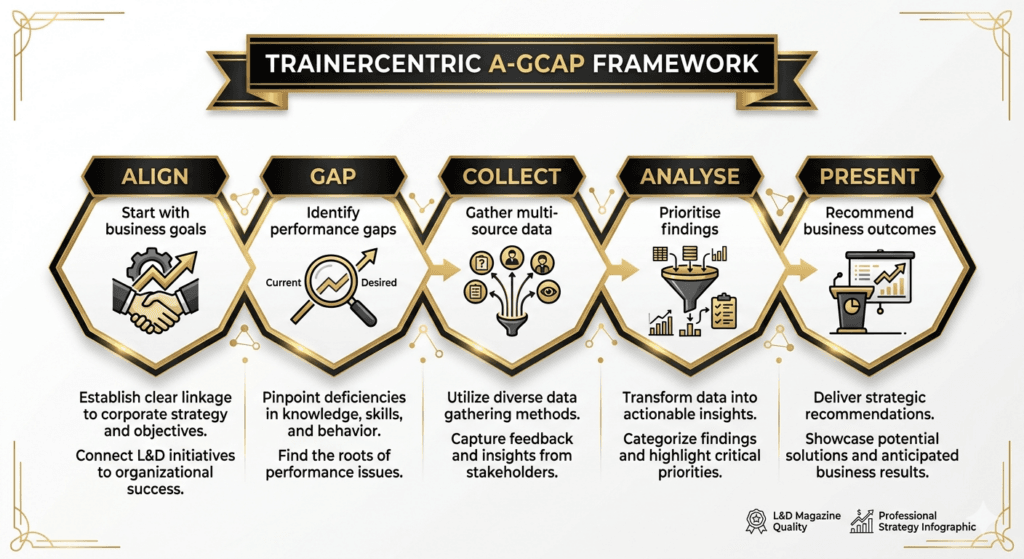 TrainerCentric A-GCAP Framework showing the five stages of training needs analysis on how to conduct a training need analysis