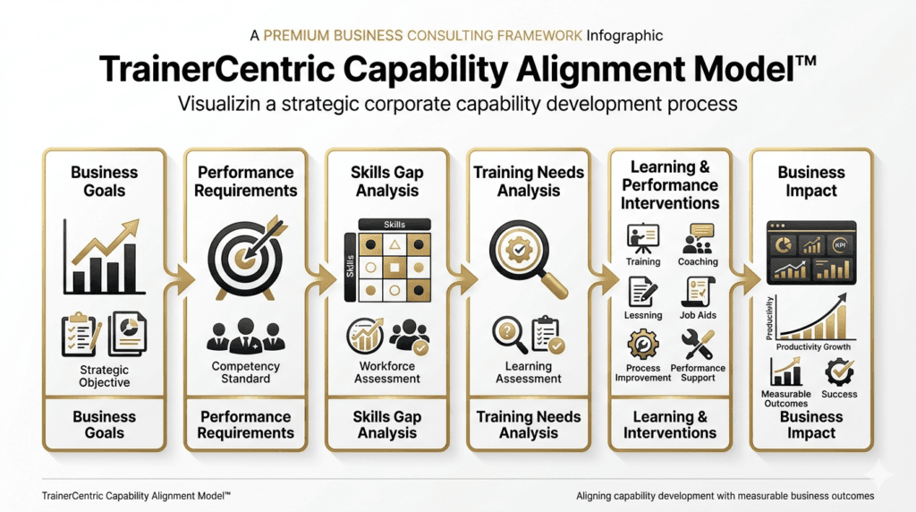 TrainerCentric Capability Alignment Model showing how skills gap analysis vs training needs analysis connect business goals to performance improvement