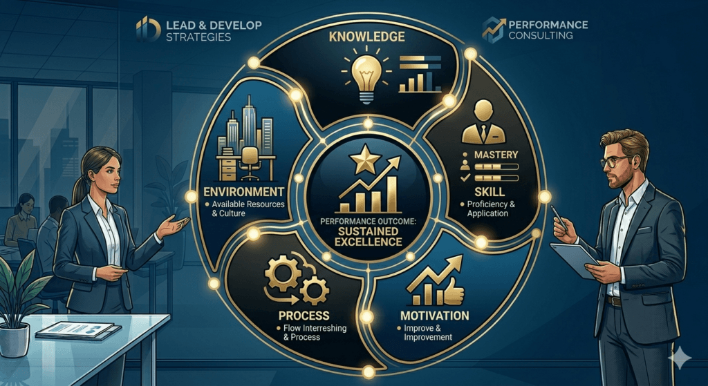 Five-part Performance Diagnostic Lens consulting framework including knowledge skill motivation process and environment, 