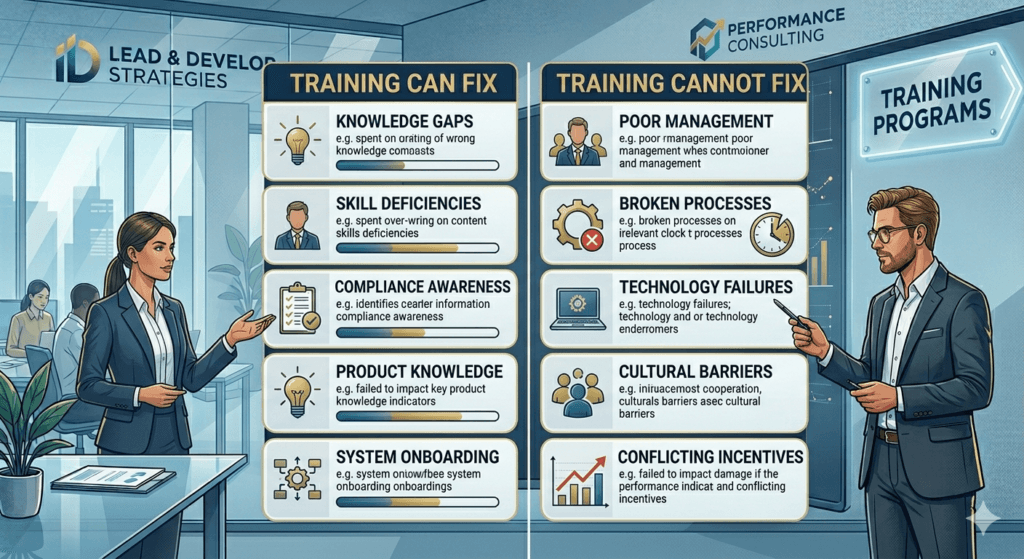 Comparison matrix showing problems training can solve versus issues requiring non-training interventions, What Training Can Actually Fix