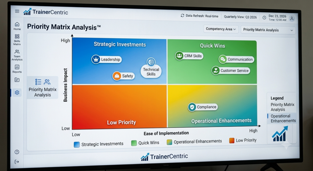 Priority matrix comparing business impact and ease of implementation for training initiatives