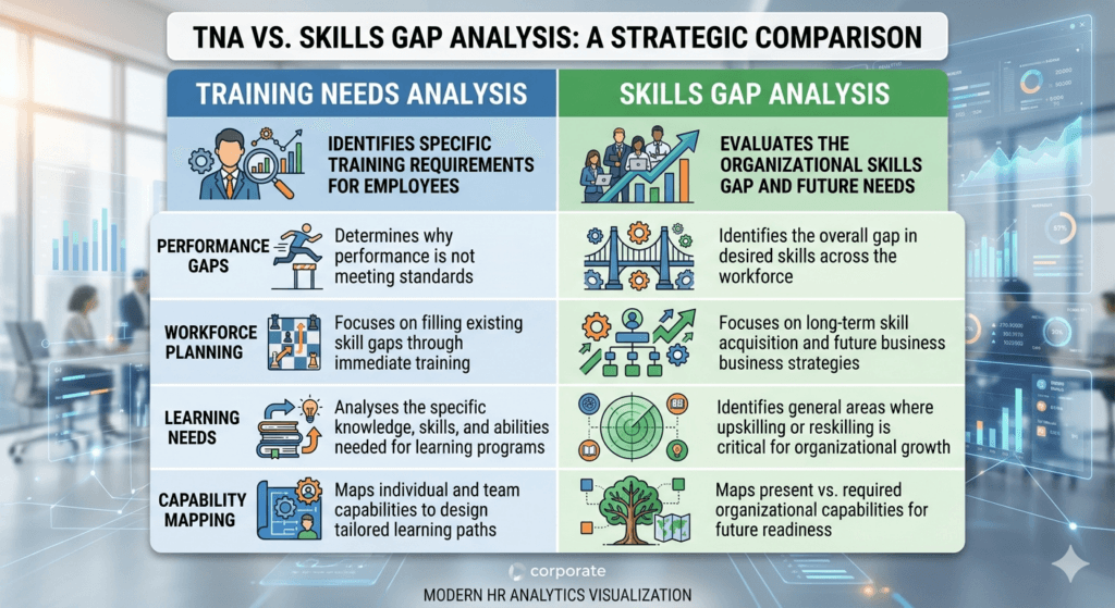 training needs analysis vs skills gap analysis comparison