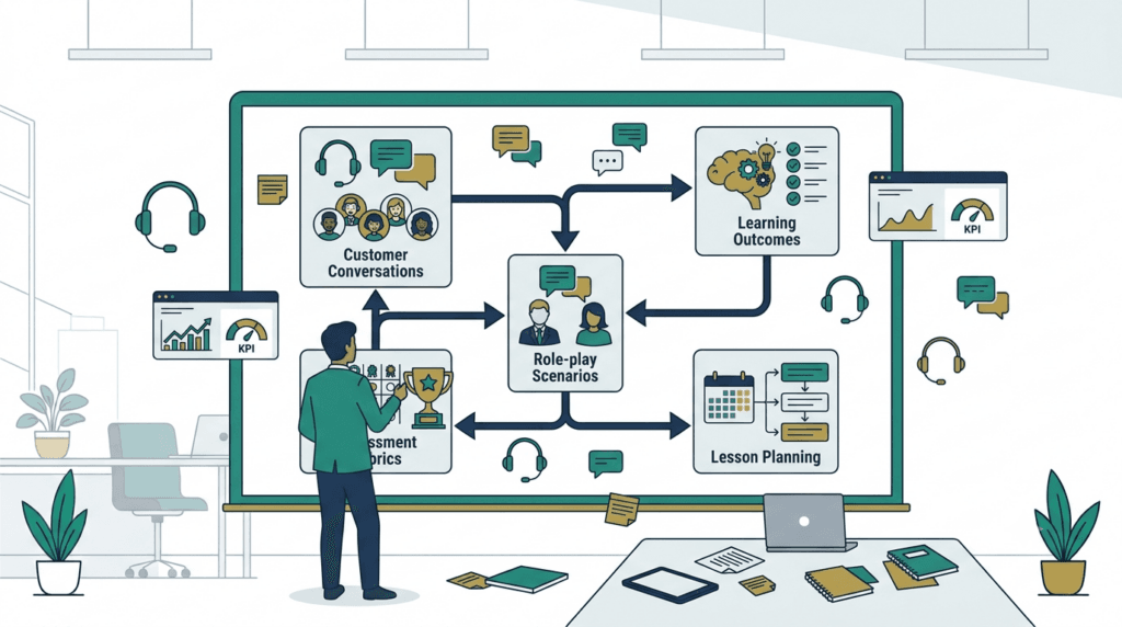 Instructional designer planning customer service training using backward design framework.