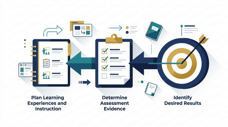 Backward Design framework showing learning outcomes, assessment evidence, and instructional planning connected in reverse order.