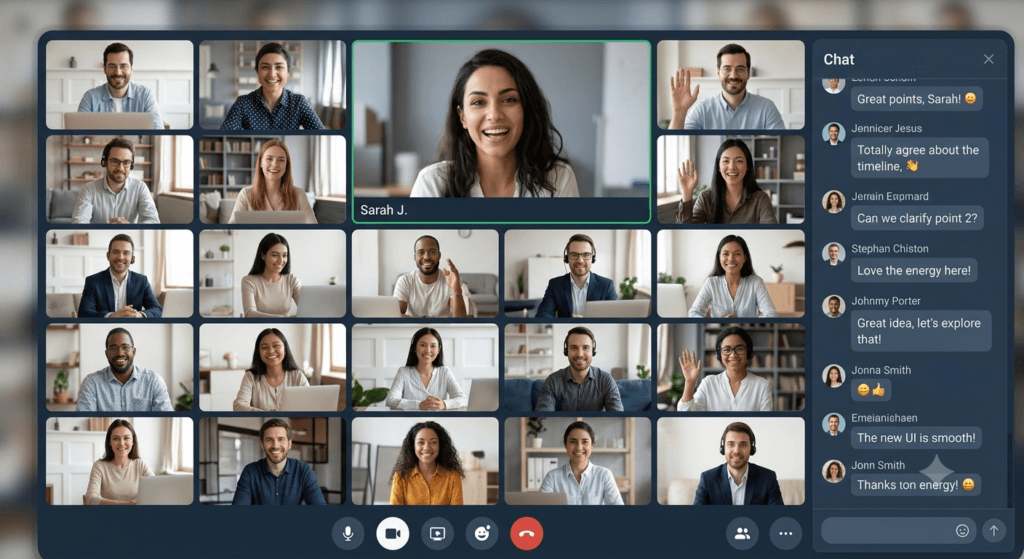 Virtual training session with participants engaging through chat waterfall activity