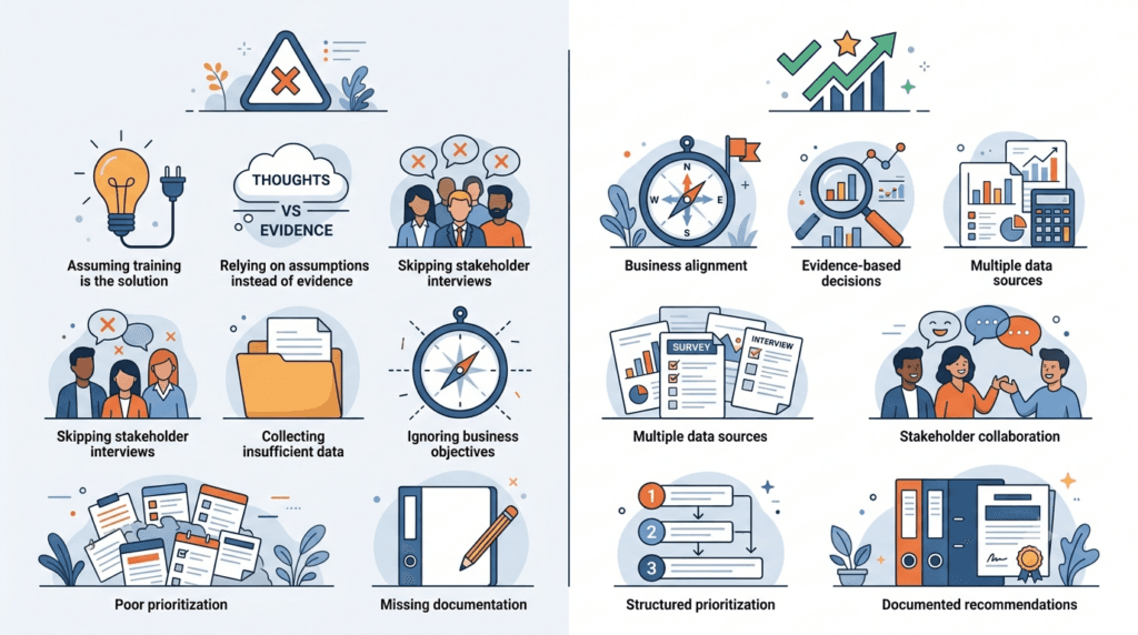 training needs analysis mistakes, TNA checklist errors, learning needs assessment best practices