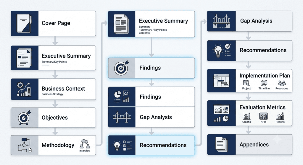 training needs analysis report structure, tna report components, training needs report format