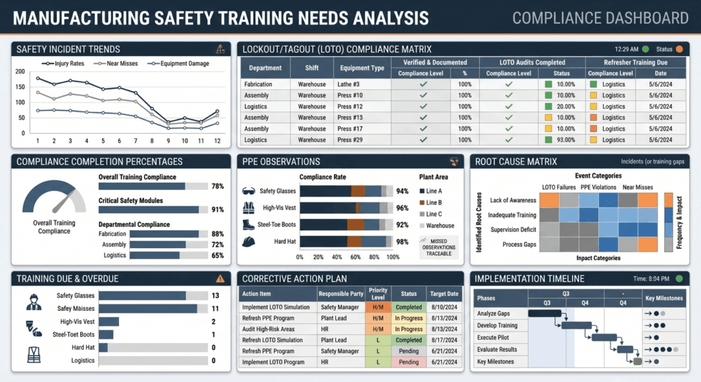 manufacturing training needs analysis, safety training report, compliance training analysis