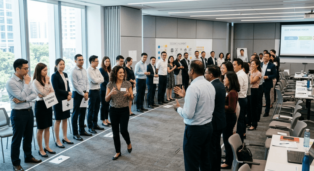 Participants forming a human bar graph during a corporate training activity