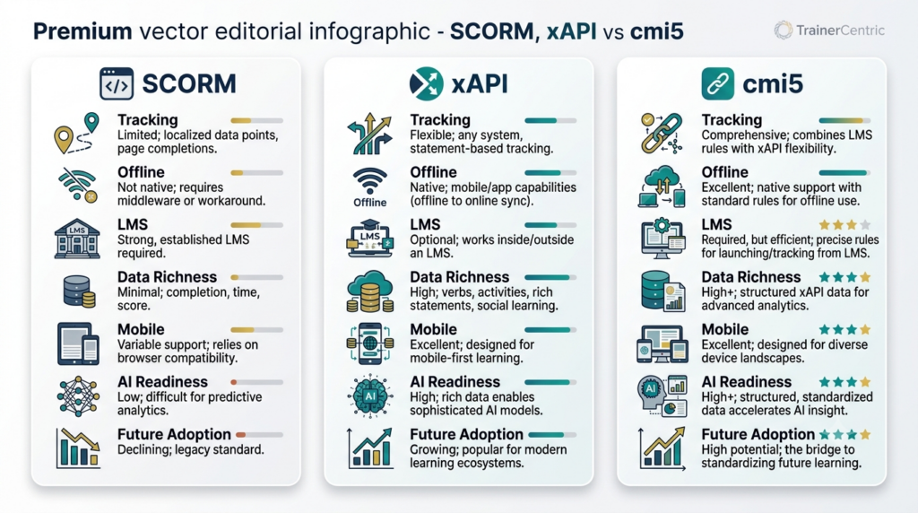 SCORM xAPI CMI5 comparison, learning standards infographic