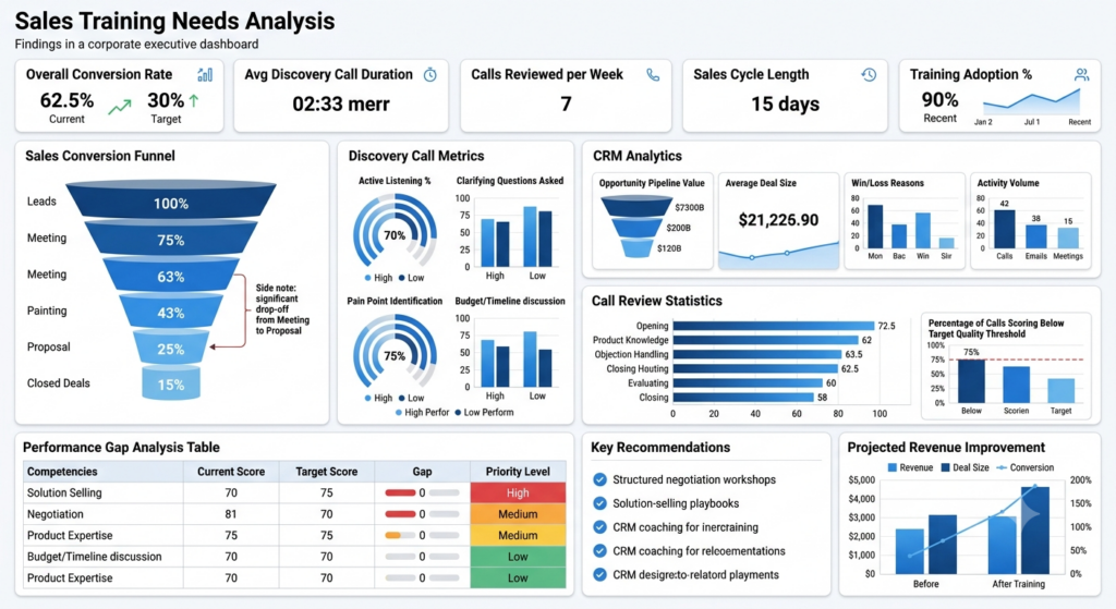 sales training needs analysis, sales gap analysis report, sales training report