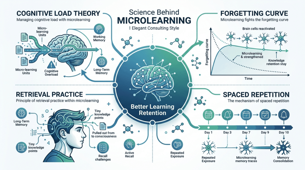 microlearning cognitive load infographic, forgetting curve, retrieval practice infographic