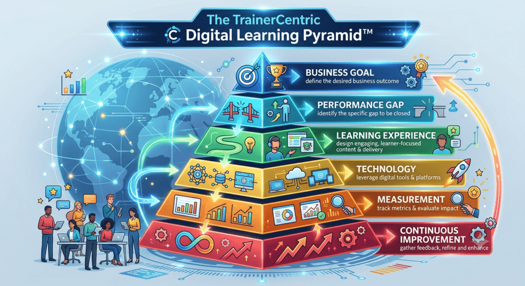 The TrainerCentric Digital Learning Pyramid, corporate elearning, digital learning pyramid, elearning framework, instructional design strategy