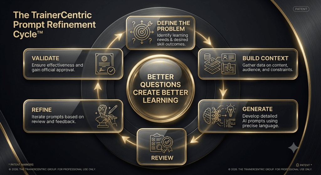 Prompt refinement, AI prompt improvement, iterative prompting, TrainerCentric framework