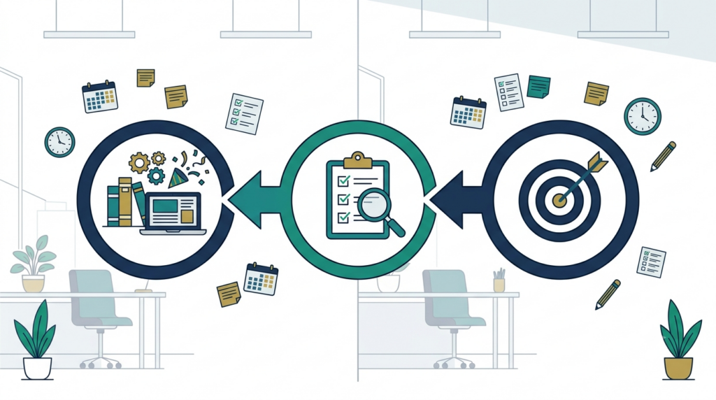 Illustration showing the three stages of backward design from outcomes to assessment to learning activities.