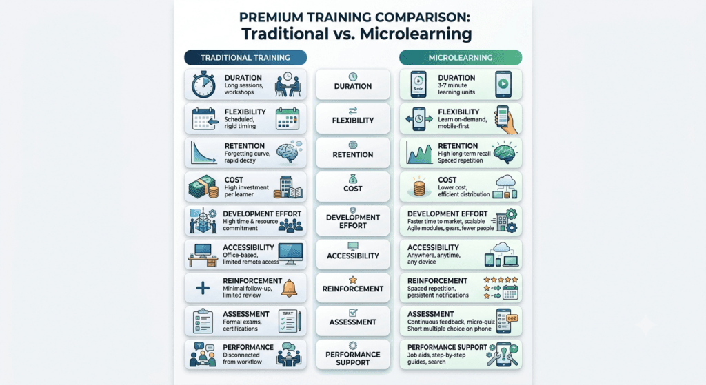microlearning vs traditional learning infographic, learning comparison