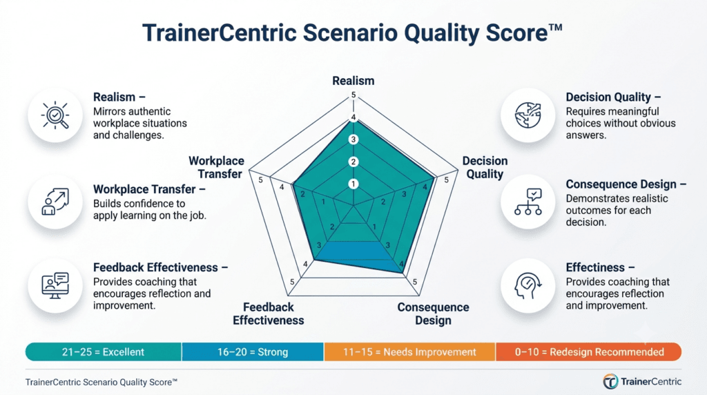 Scenario Quality Score radar chart for evaluating scenario-based learning quality