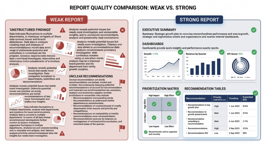 training needs analysis report comparison, good training report example, bad training report