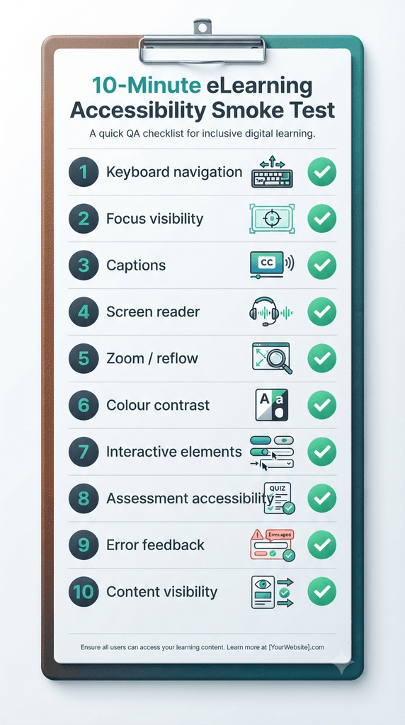 Checklist infographic showing ten quick accessibility checks for eLearning courses including keyboard, captions, zoom, colour, interactions, and assessments.