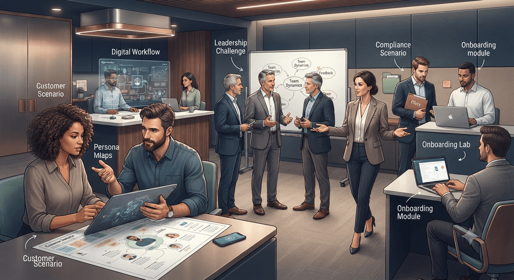 Corporate training using andragogical principles through workplace scenarios, collaboration, and practical application