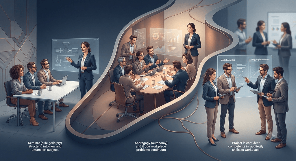 Blending pedagogy and andragogy across a workplace learning journey from structured instruction to independent application