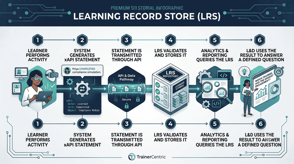 six steps showing how learning activity becomes stored xAPI data in an LRS