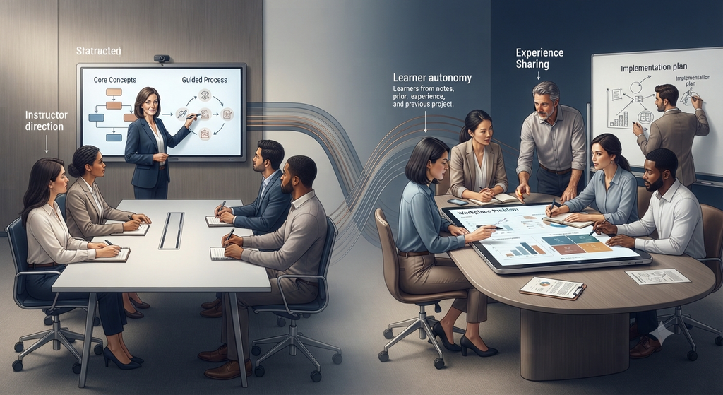 Comparison of pedagogy and andragogy showing structured instruction and learner-centered adult learning