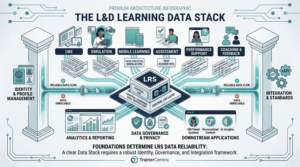 L&D learning data stack showing identity governance integration and LRS architecture