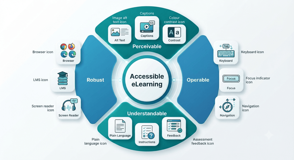 Circular infographic explaining the four WCAG accessibility principles: Perceivable, Operable, eLearning accessibility, Understandable, and Robust with eLearning examples.