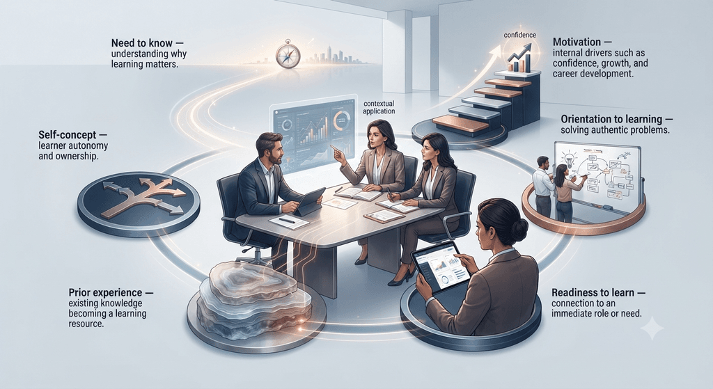 Six principles of andragogy including learner motivation, experience, autonomy, readiness, and problem-centered learning