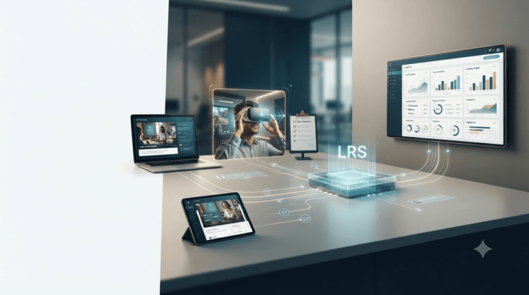 xAPI connecting online courses, simulations, mobile learning and workplace performance data into a learning analytics ecosystem.