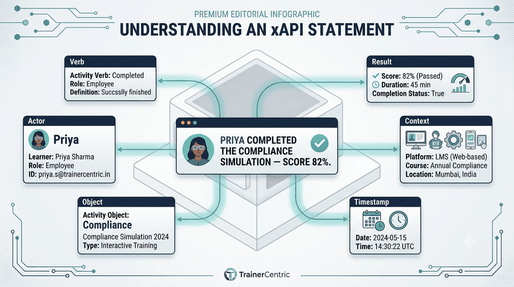 anatomy of an xAPI statement showing actor verb object result context and timestamp