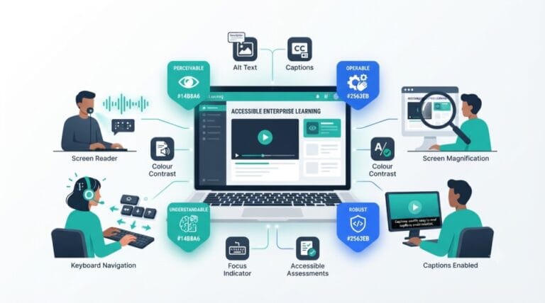Illustration showing an accessible eLearning course with WCAG principles, keyboard navigation, captions, screen readers, and multiple learners using different assistive technologies.